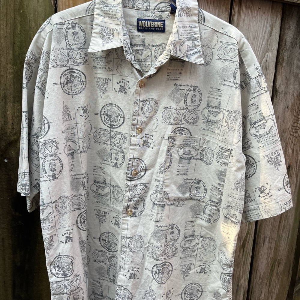 Wolverine Boots and Gear, Cream and Gray Casual Button Down shirt, size medium